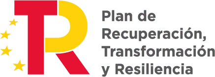 Logo del Plan de Recuperación, Transformación y Resiliencia de España, destacando las letras "R" y "T" en colores rojo y amarillo, junto con estrellas que representan a la Unión Europea.