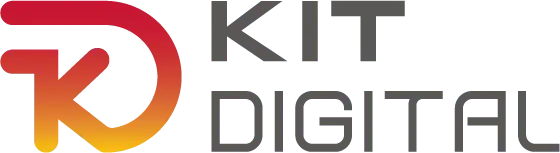 Logo de Kit Digital, una iniciativa para impulsar la transformación digital de pequeñas y medianas empresas en España, con un diseño moderno en tonos rojos y grises.